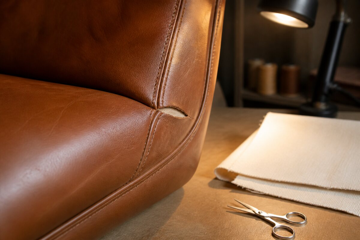 Leather surface and restoration workshop scene