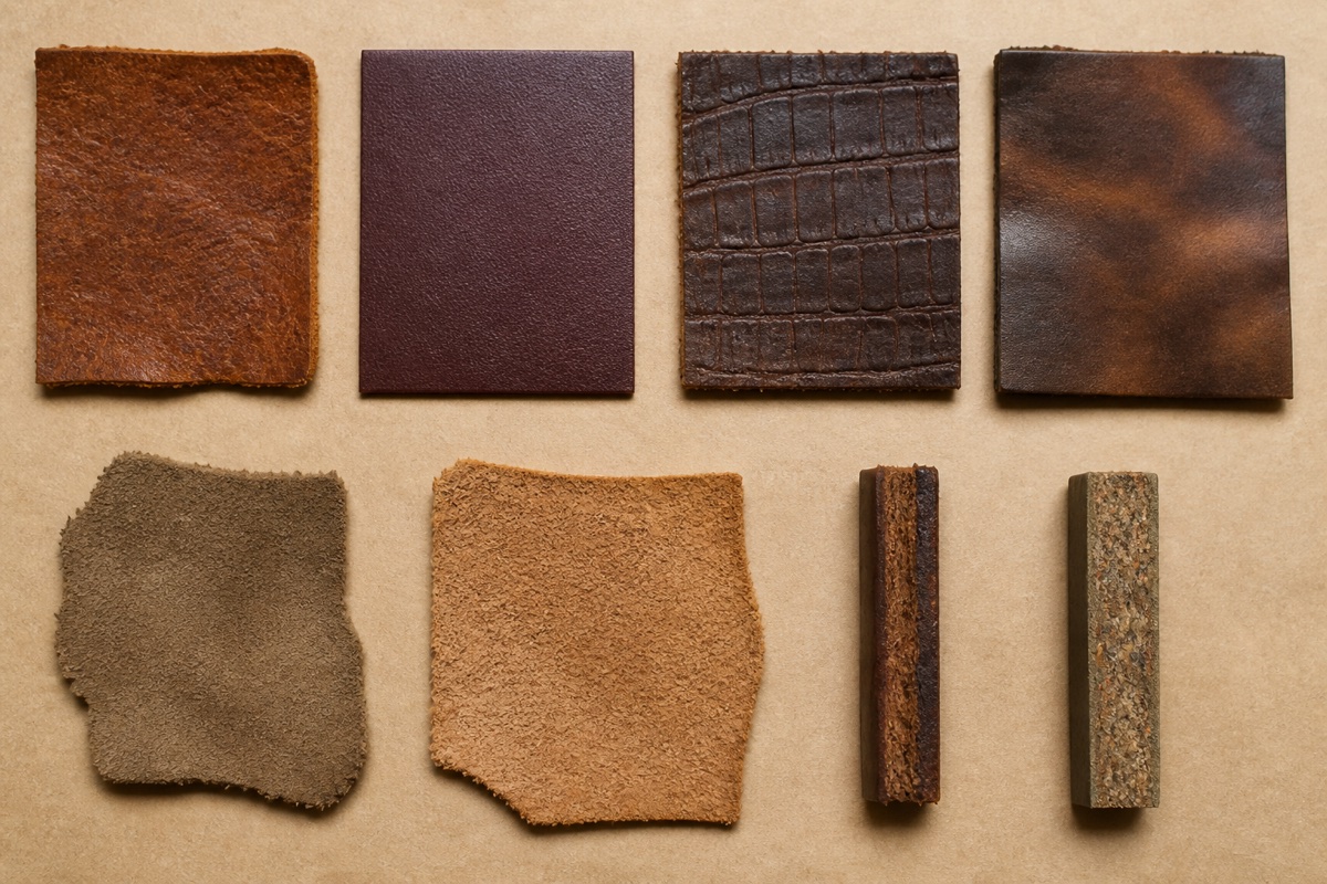 Eight unlabeled leather samples showing varied grain, coating, nap and fibrous edges
