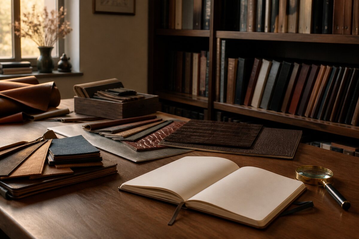 Leather sample, blank notebook, cotton swabs and cloth arranged for a controlled hidden-area test