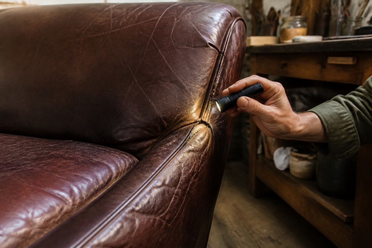 Restorer inspecting an open seam and finish cracks on a brown leather sofa with a small light
