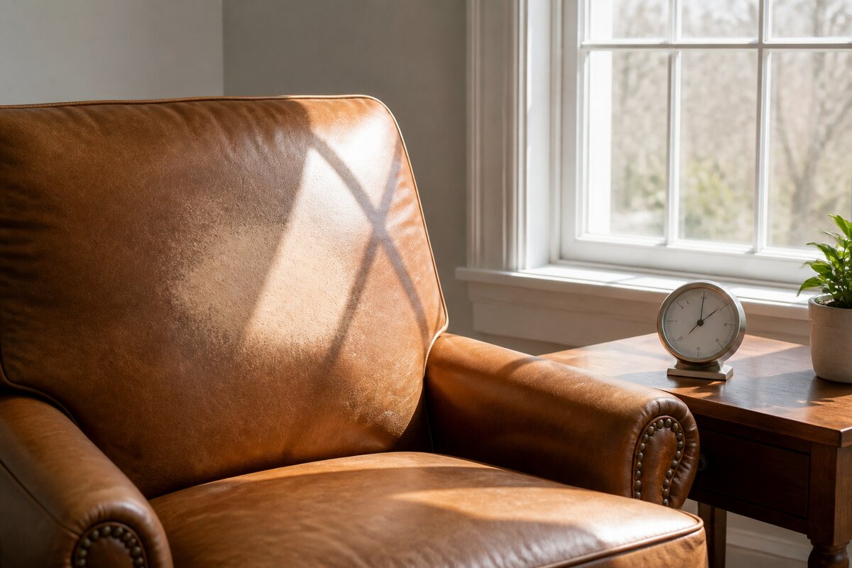 Leather armchair crossed by a bright window shadow beside a small room humidity gauge